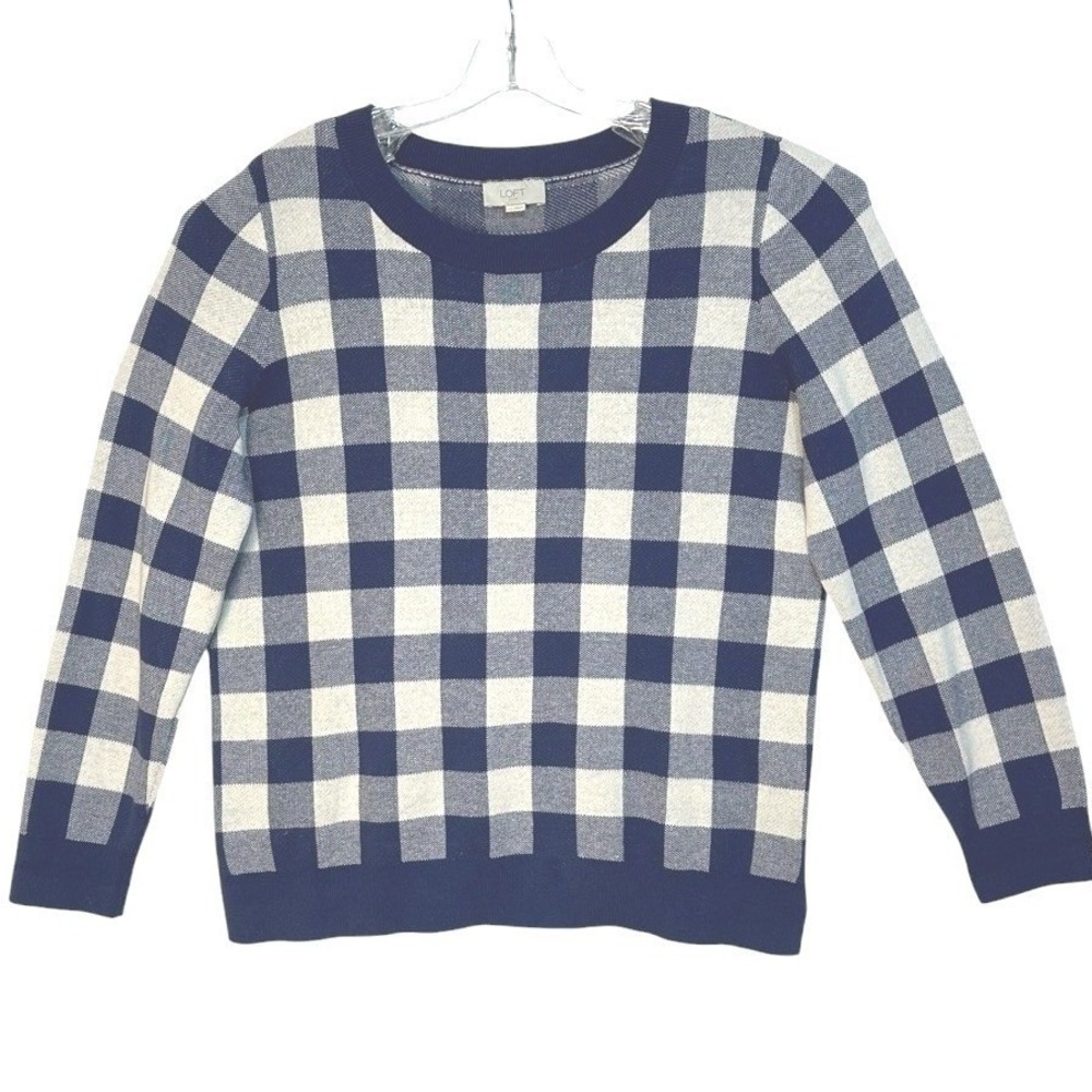 Loft Outlet Sweater Womens Navy Blue Gingham Buffalo Plaid Preppy Minimalist  XL